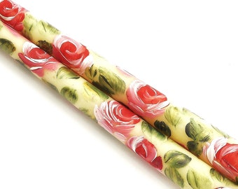 Decorative Hand Painted Ivory Taper Candles with Large Pink Roses Romantic Cottage Shabby Chic Decor FREE SHIPPING