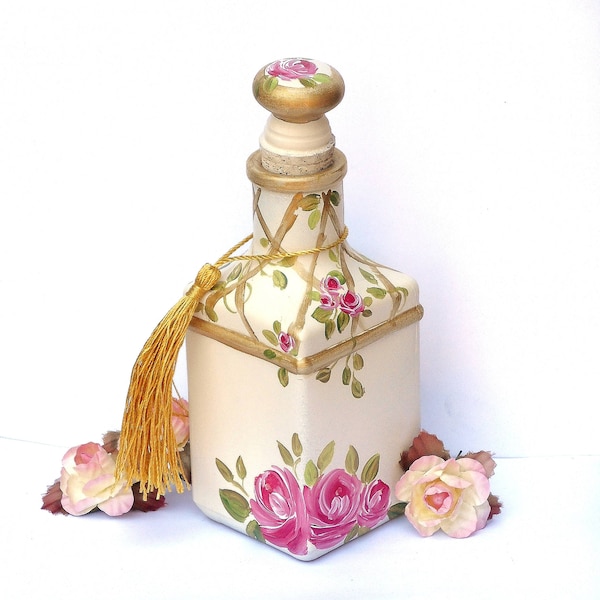 Painted Rose Large Ivory Square Perfume Bottle Romantic Floral Shabby Chic Victorian Bathroom Decor Gift for Women FREE SHIPPING