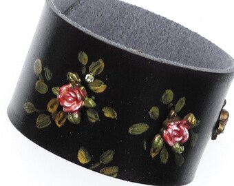 Painted Rose Black Leather Cuff Bracelet Boho Bohemian Jewelry FREE SHIPPING