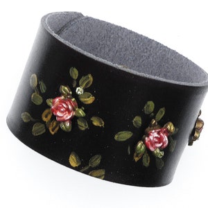Painted Rose Black Leather Cuff Bracelet Boho Bohemian Jewelry FREE SHIPPING