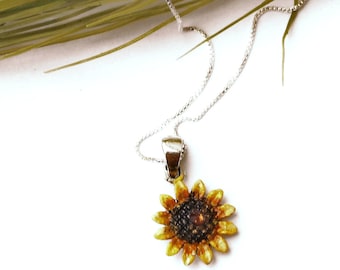 Sterling Silver Sunflower Charm Pendant Necklace with Hand Painted Accents Boho Bohemian Jewelry FREE SHIPPING