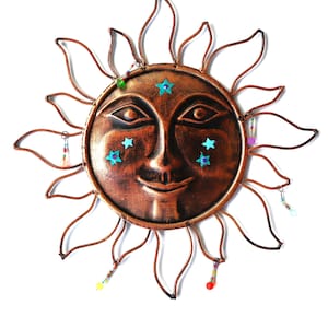 Boho Copper Sun Face Wall Plaque, Painted Stars & Beads, Celestial Boho Room Decor