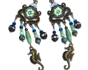 Long Boho Seahorse Earrings, Turquoise Bead Dangles, Beachy Nautical Jewelry