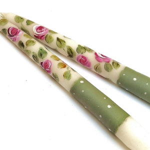 Decorative Hand Painted Pink Roses Taper Candles Shabby Chic Decor Spring Summer Decorations FREE SHIPPING