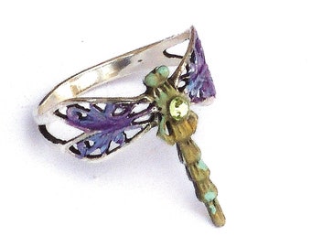 Cute 925 Sterling Silver Filigree Dragonfly Ring Hand Painted Whimsical Winged Insect Bug Butterfly Boho Jewelry Gifts for Women Teens Her