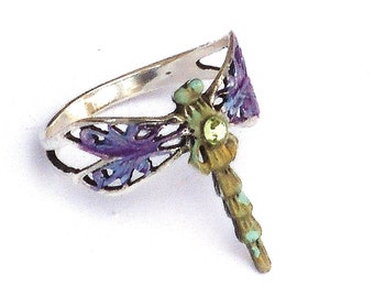 Cute 925 Sterling Silver Dragonfly Ring Hand Painted Boho Jewelry FREE SHIPPING