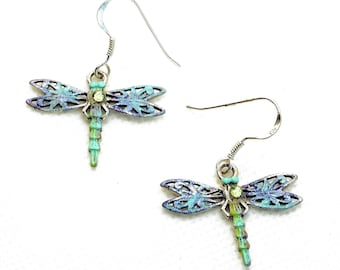 Cute 925 Sterling Silver Filigree Dragonfly Earrings with Crystal Rhinestones Boho Jewelry FREE SHIPPING