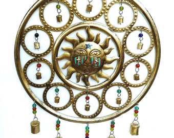 Large Gold Metal Sun Face Plaque Wall Hanging Wind Chimes with Painted Design Dangling Beads Boho Celestial Decor FREE SHIPPING