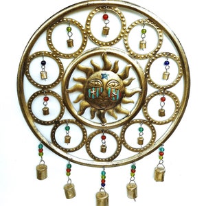 Extra Large Round Gold Metal Sun Face Plaque Wall Art Hanging Wind Chimes with Hand Painted Design Dangling Beads Boho Celestial Decor
