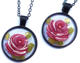 Romantic Hand Painted Round Pink Rose Pendant Black Chain Necklace Boho Jewelry FREE SHIPPING