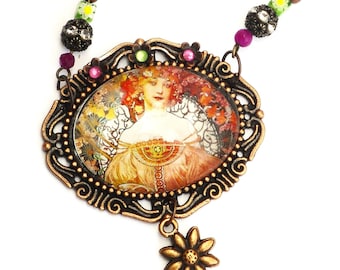 Vintage Style Art Nouveau Pendant Necklace: Alphonse Mucha, Retro Flower Charm Jewelry
