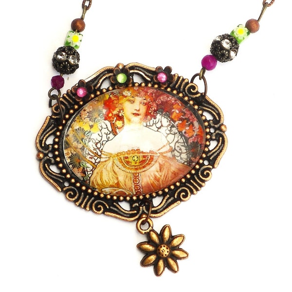 Collier Art nouveau préraphaélite en cuivre antique Style vintage Alphonse Mucha Art Jewelry LIVRAISON GRATUITE