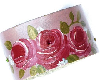 Pink Rose Leather Cuff Bracelet Romantic Flower Victorian Boho Jewelry FREE SHIPING