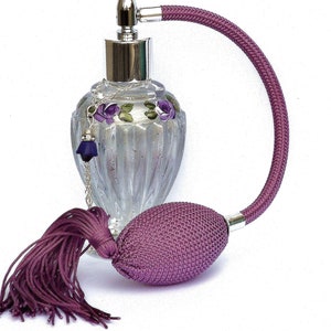 Vintage Silver Glass Perfume Atomizer Bottle, Hand-Painted Lavender Roses, Victorian Vanity Decor