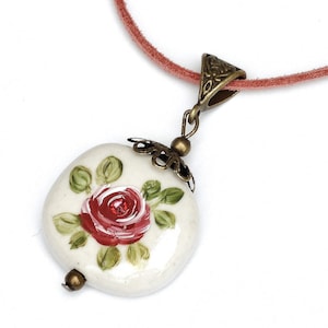 Adjustable Pretty Vintage Style Hand Painted Pink Rose Porcelain Flower Pendant Necklace Romantic Antique Victorian Spring Floral Jewelry