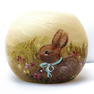 Hand Drawn Hand Painted Bunny Flickering Flameless Battery Operated Candle Spring Easter Decor FREE SHIPPING