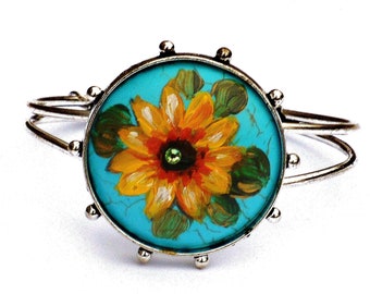Hand Painted Sunflower Silver and Turquoise Boho Cuff Bohemian Jewelry FREE SHIPPING