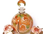 Painted Peach Orange Roses Glass Perfume Bottle with Stopper Cap Victorian Boho Decor FREE SHIPPING