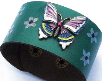 Hand Painted Butterfly Teal Leather Cuff Bracelet Boho Jewelry FREE SHIPPING