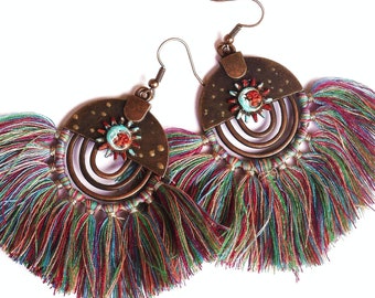 Funky Coloré Peint Soleil et Lune Boho Fan Tassel Boucles d’oreilles Boho Bijoux LIVRAISON GRATUITE