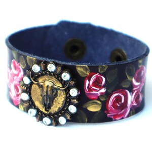 Painted Roses Leather Cuff Bracelet: Rhinestone Steer Stud, Boho Western Jewelry