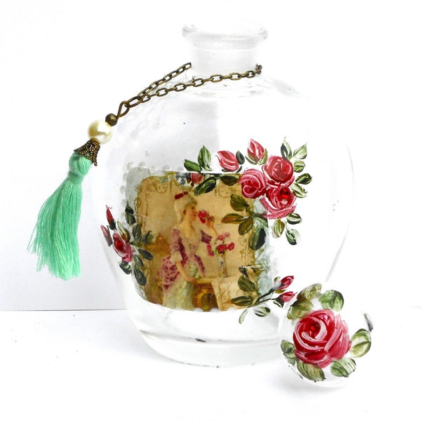 Decorative Vintage Victorian Glass Perfume Apothecary Bottle with Painted Rose Accents Romantic Powder Room Decor FREE SHIPPING