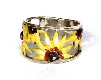 Wide Sterling Silver Sunflower Ring with Hand Tinted Accents Boho Jewelry FREE SHIPPING