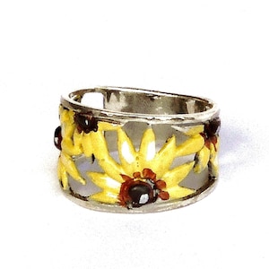 Sterling Silver Sunflower Band Ring: Hand-Tinted Boho Floral Jewelry