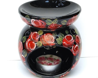 LAST ONE Black Ceramic Essential Oil Warmer Burner Tea Light Candle Holder Set with Painted Red Roses