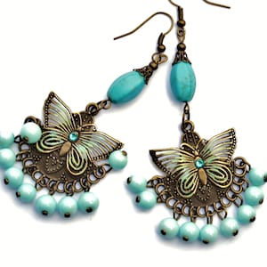 Turquoise Blue Butterfly Boho Dangle Bead Earrings Funky Hippie Jewelry FREE SHIPPING image 1