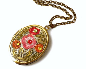 Painted Flower Oval Locket Necklace Vintage Style Art Nouveau Victorian Jewelry FREE SHIPPING