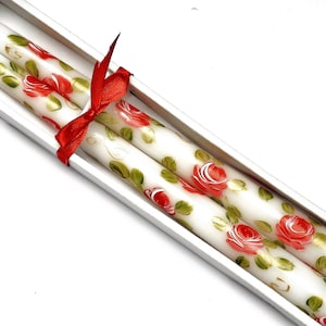 Pretty Hand Painted Red Rose White Taper Candles Cottage Shabby Chic Romantic Flower Dining Room Decor Decorative Floral Tapered Candles