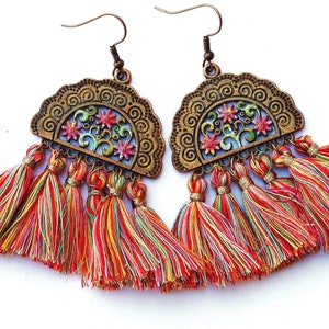 Pretty Lightweight Boho Tassel Fringe Earrings with Colorful Hand Painted Flowers Multicolor Tassel Earrings Bohemian Spring Jewelry