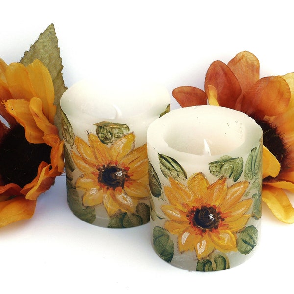 Single or Set Small Flickering Flameless Battery Operated Votive Candles with Timer and Hand Painted Sunflowers Boho Decor FREE SHIPPING