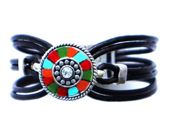 Colorful Painted Design Black Leather Multi Cord Bracelet Funky Boho Jewelry FREE SHIPPING