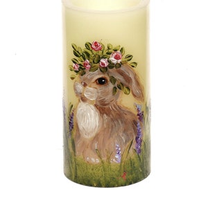 Hand Drawn Hand Painted Easter Bunny Rabbit Battery Operated Flameless Pillar Candle with Timer Spring Decor FREE SHIPPING