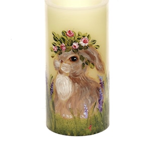 Hand Drawn Hand Painted Cute Easter Bunny Rabbit Battery Operated Candle Flameless Pillar Candle with Timer Bunny Rabbit Spring Decor