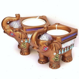 Single Boho Gold Elephant Tea Light Candle Holder and Tea Light Candle Set Gift Boxed Set for Her Hand Painted Cute Indian Bohemian Decor