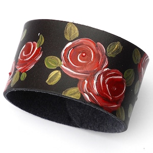 Adjustable Hand Painted Red Rose Wide Black Leather Boho Cuff Bracelet Romantic Victorian Bohemian Jewelry Gift for Her FREE SHIPPING