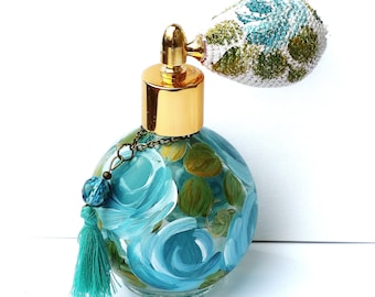 Hand Painted Blue Rose Perfume Bottle Atomizer Romantic Cottage Shabby Chic Decor Gift for Her FREE SHIPPING