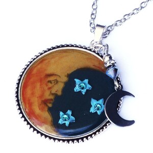 Hand Painted Whimsical Silver Half Moon and Stars Necklace Celestial Boho Jewelry Bohemian Accessories for Women TeenGirls FREE SHIPPING