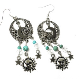 Sterling Silver and Turquoise Sun Half Moon and Stars Dangle Earrings Crescent Moon Celestial Bohemian Boho Jewelry for Women FREE SHIPPING