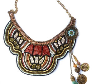 Large Beaded Bib Necklace with Dangling Tassel and Charms Boho Jewelry FREE SHIPPING