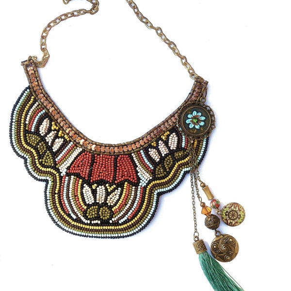 Large Beaded Bib Necklace with Dangling Tassel and Charms Boho Jewelry FREE SHIPPING