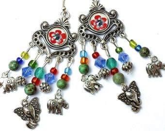 Colorful Beaded Silver Boho Elephant Chandelier Earrings Bohemian Jewelry FREE SHIPPING