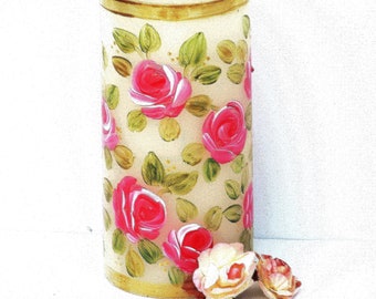 Hand Painted Pink Roses Battery Operated Flameless Pillar Candle with Timer Romantic Shabby Chic Decor FREE SHIPPING
