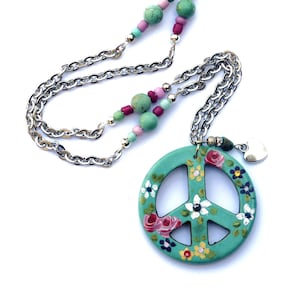 Long Large Turquoise and Silver Peace Sign Beaded Necklace Hand Painted Flowers Romantic Bohemian Boho Floral Jewelry FREE SHIPPING
