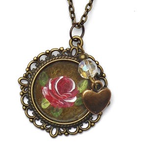 Pretty Delicate Romantic Little Antique Vintage Style Rose Pendant Necklace Dangling Heart Charm Vintage Victorian Jewelry FREE SHIPPING