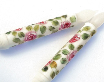 Hand Painted Rose Flameless Taper Candles - Set of 2, Romantic Decor