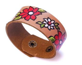 Hand Painted Pink Flower Boho Leather Cuff Bracelet Bohemian Jewelry FREE SHIPPING